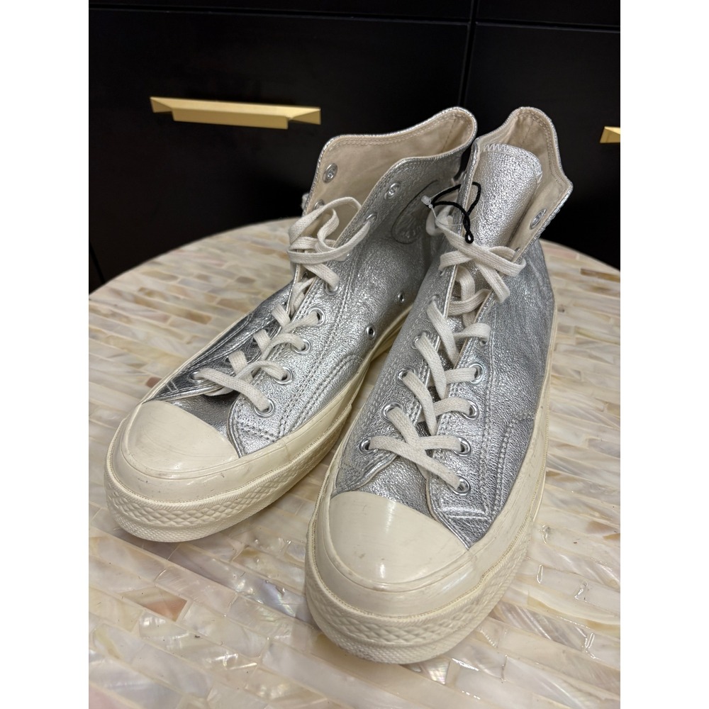 Converse Chuck 70 High Top Metallic Silver Cracked Leather Sneakers 561731C 9.5